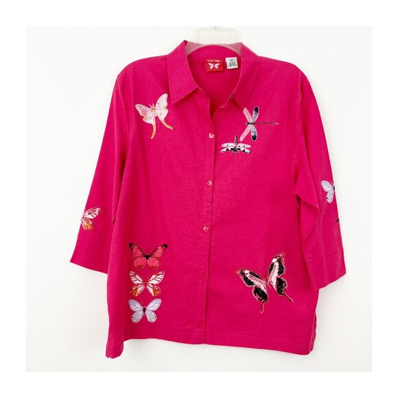 Sportelle Butterfly Button Up Shirt Size M Linen Cotton Applique Beaded Pink - Picture 1 of 14
